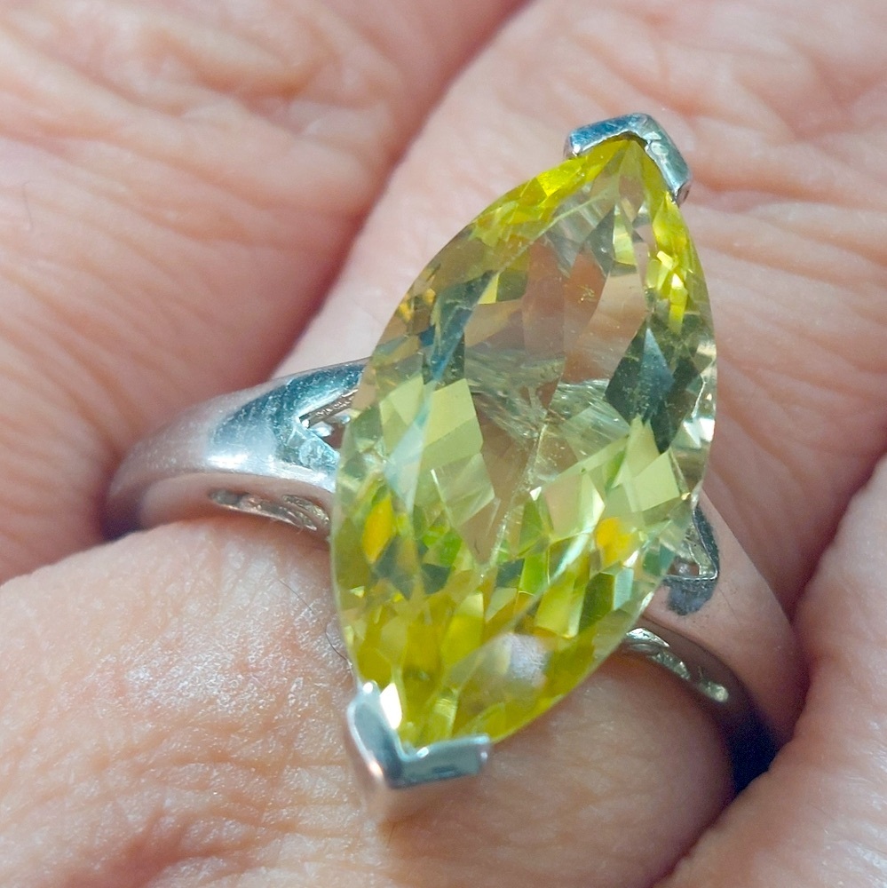 yellow green spinel sterling ring marquee cut signed